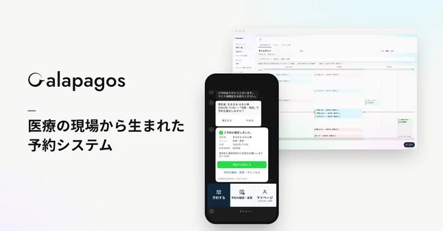 Galapagos のロゴと「医療の現場から生まれた予約システム」の文字、LINEの予約画面と管理画面